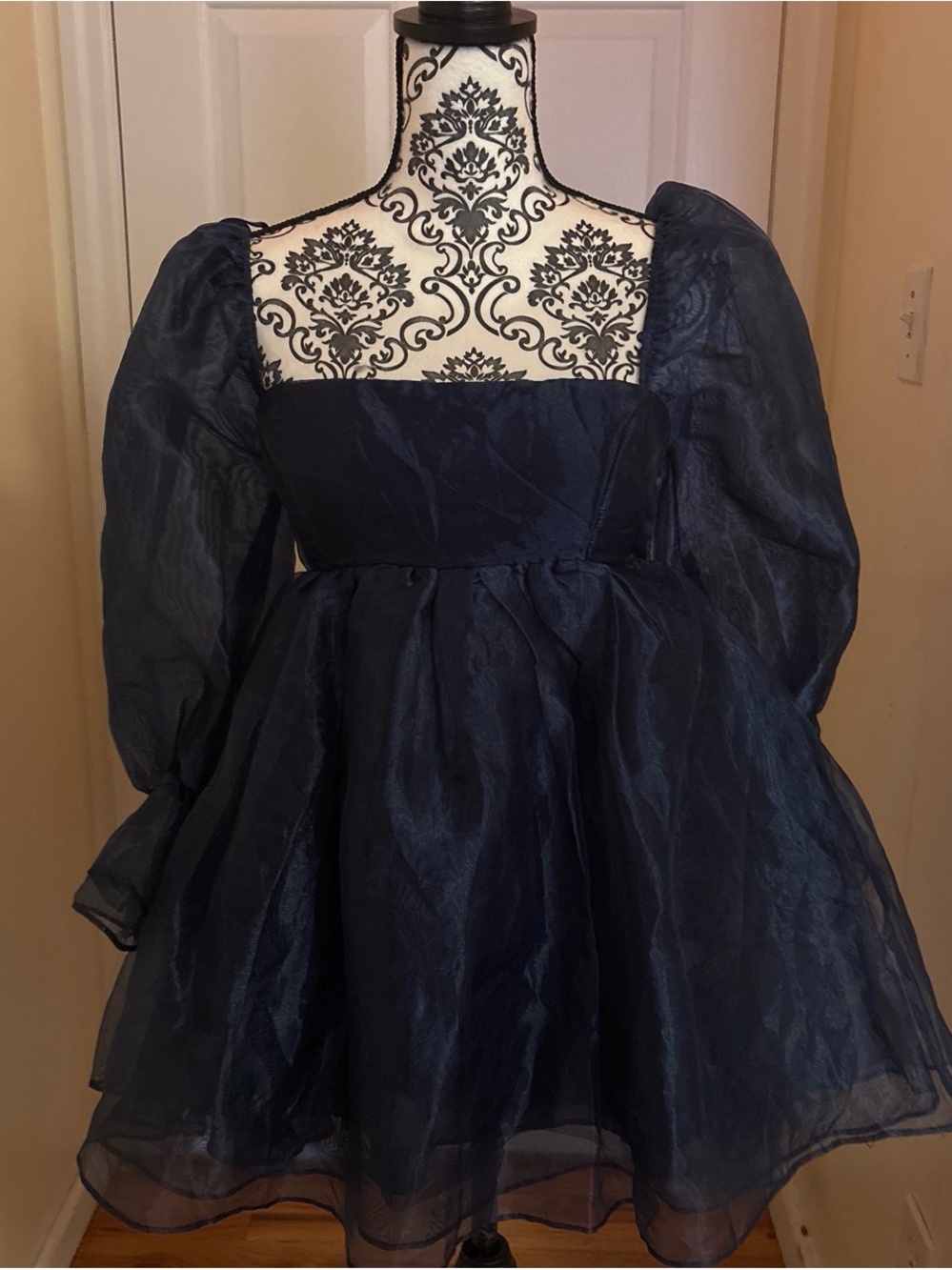 Navy Puff-Sleeve Dress